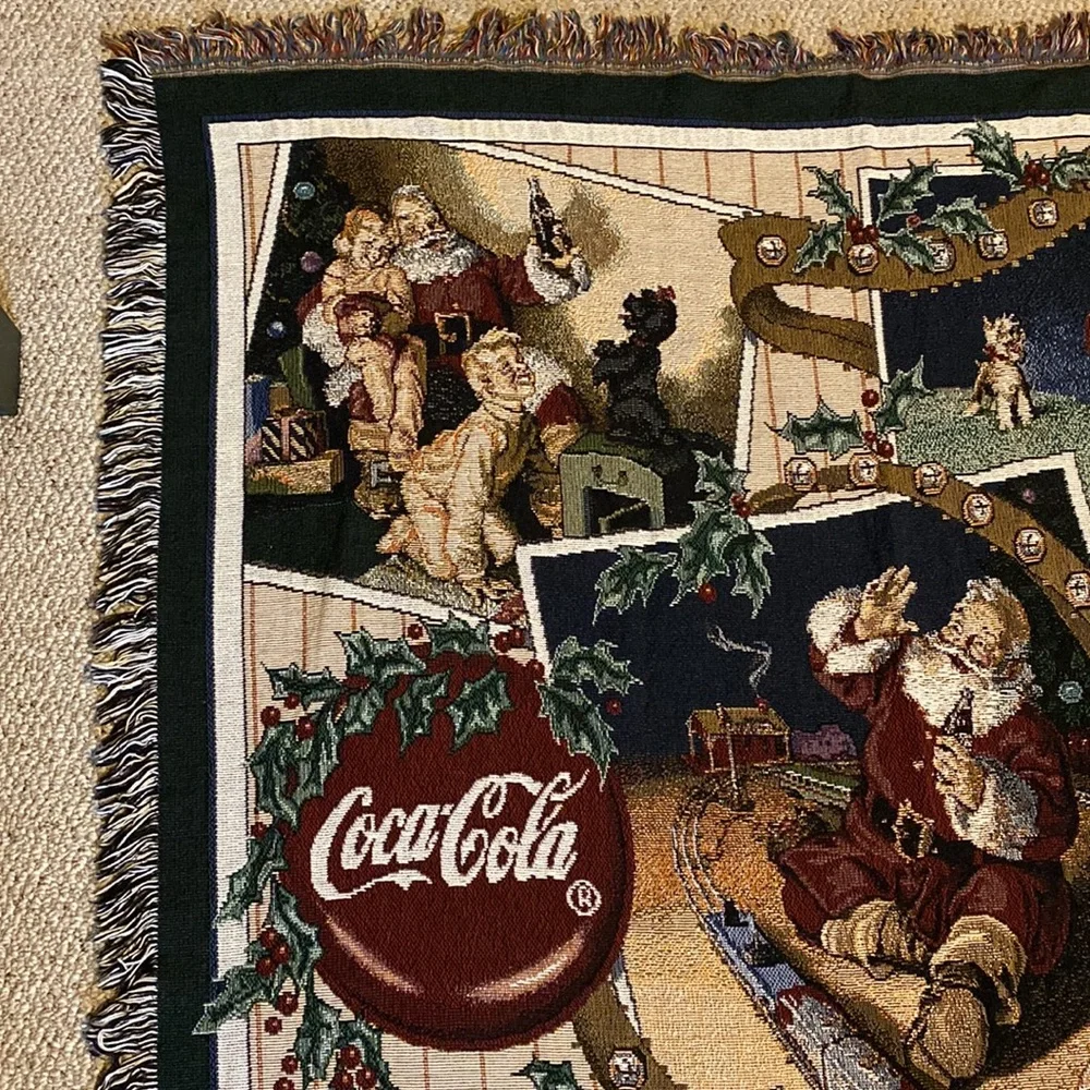 Vintage 1997 Coca Cola Santa Collage Tapestry Afghan Throw USA Made 100% Cotton
